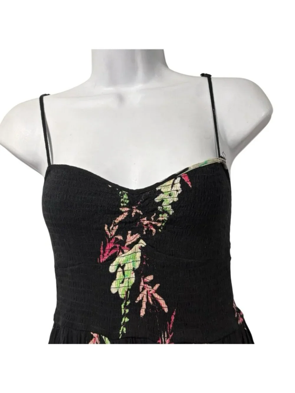 Intimately Free People Beau Smocked Black Floral Maxi Sundress L Boho Beachy Y2K